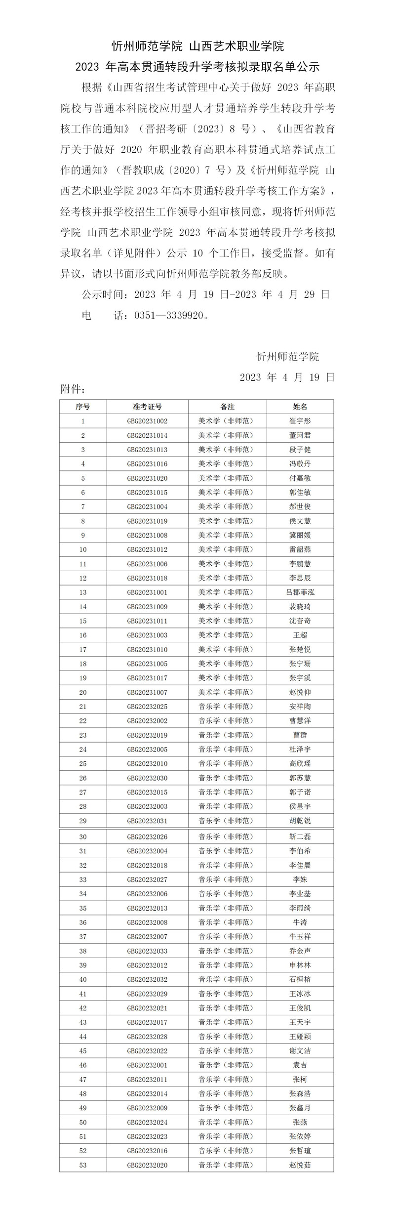 忻州师范学院 山西艺术职业学院 2023 年高本贯通转段升学